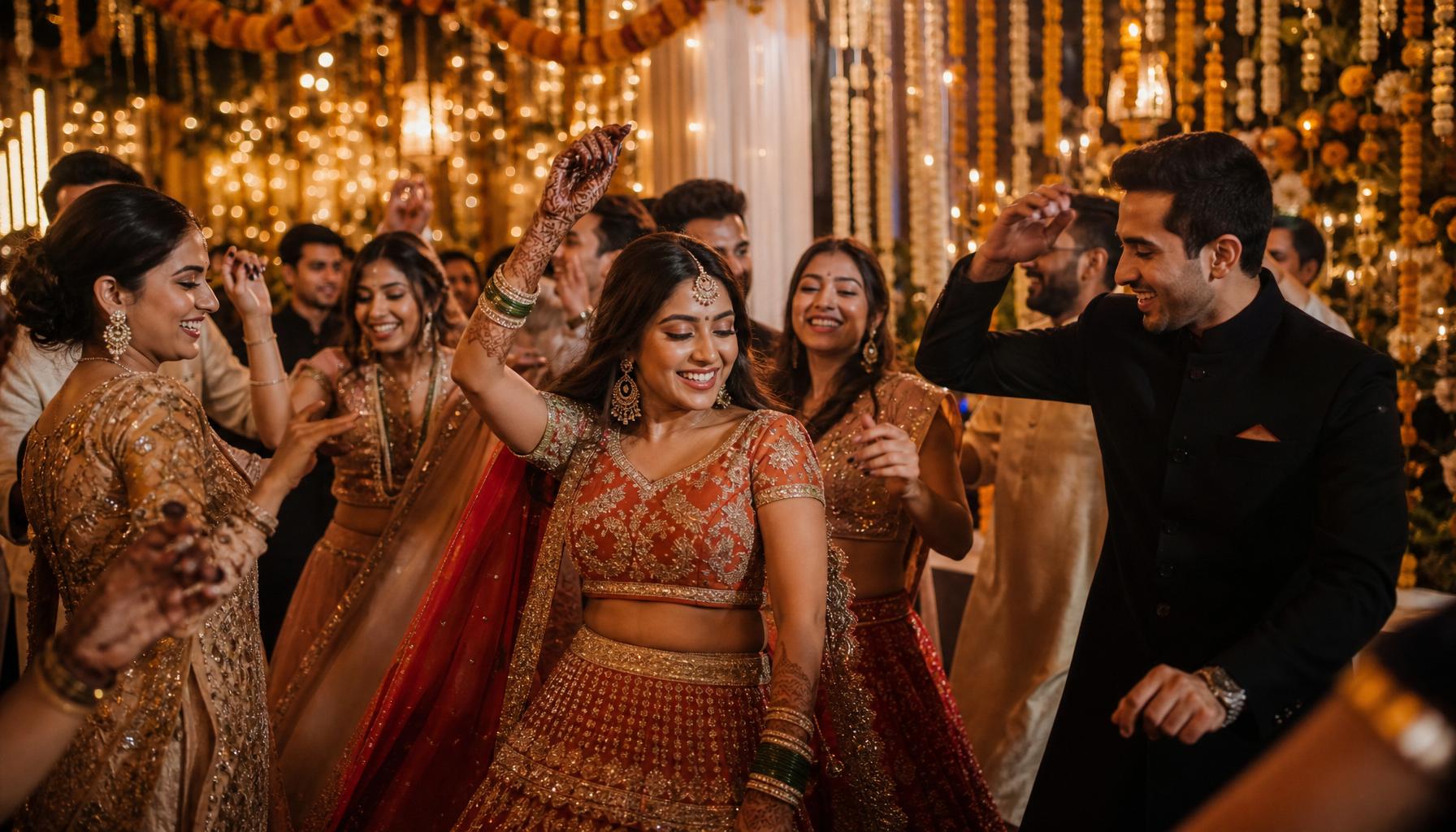 Joyful South Asian wedding sangeet reception with guests dancing together on a candlelit dancefloor
