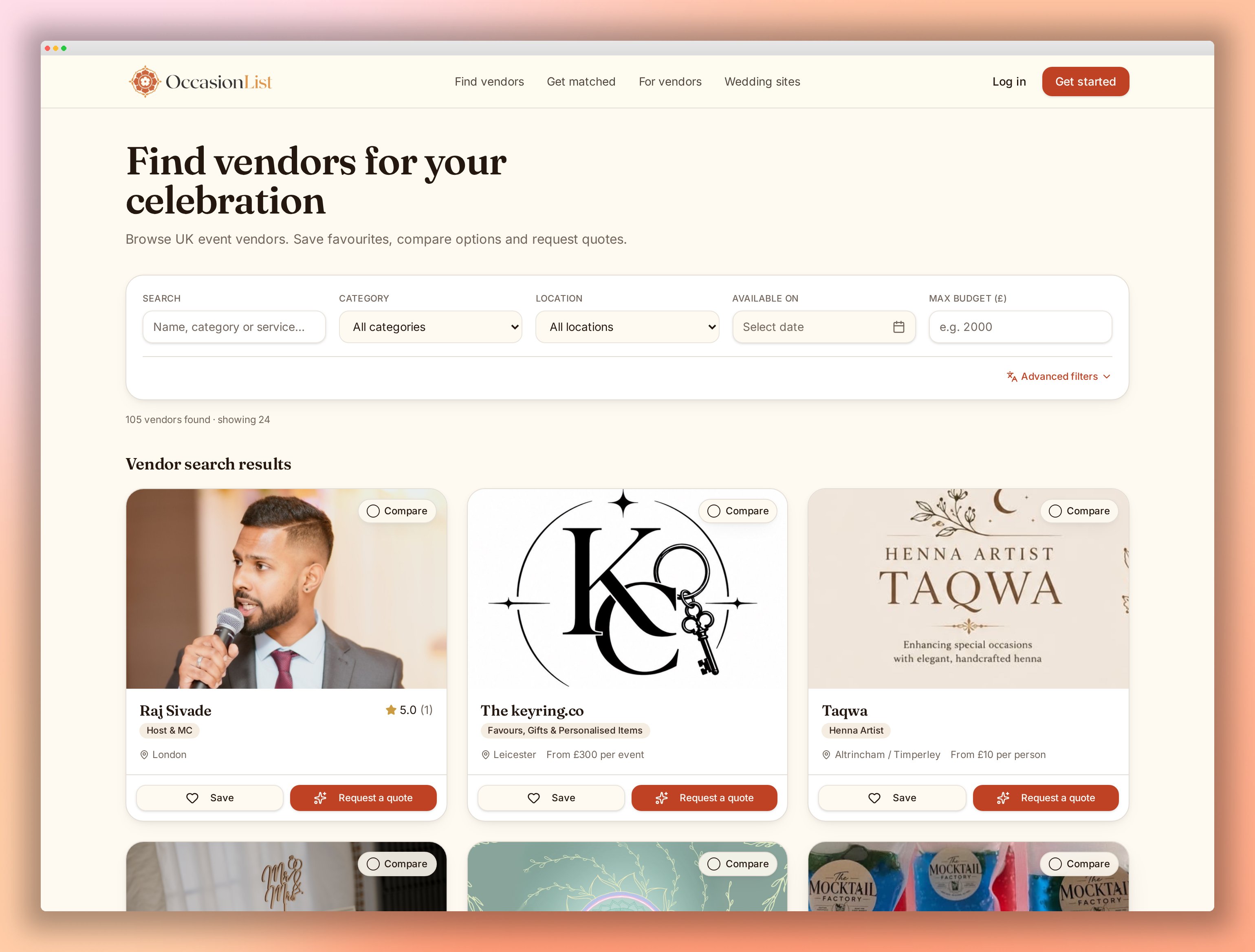 OccasionList vendor search page with category, location, date and budget filters