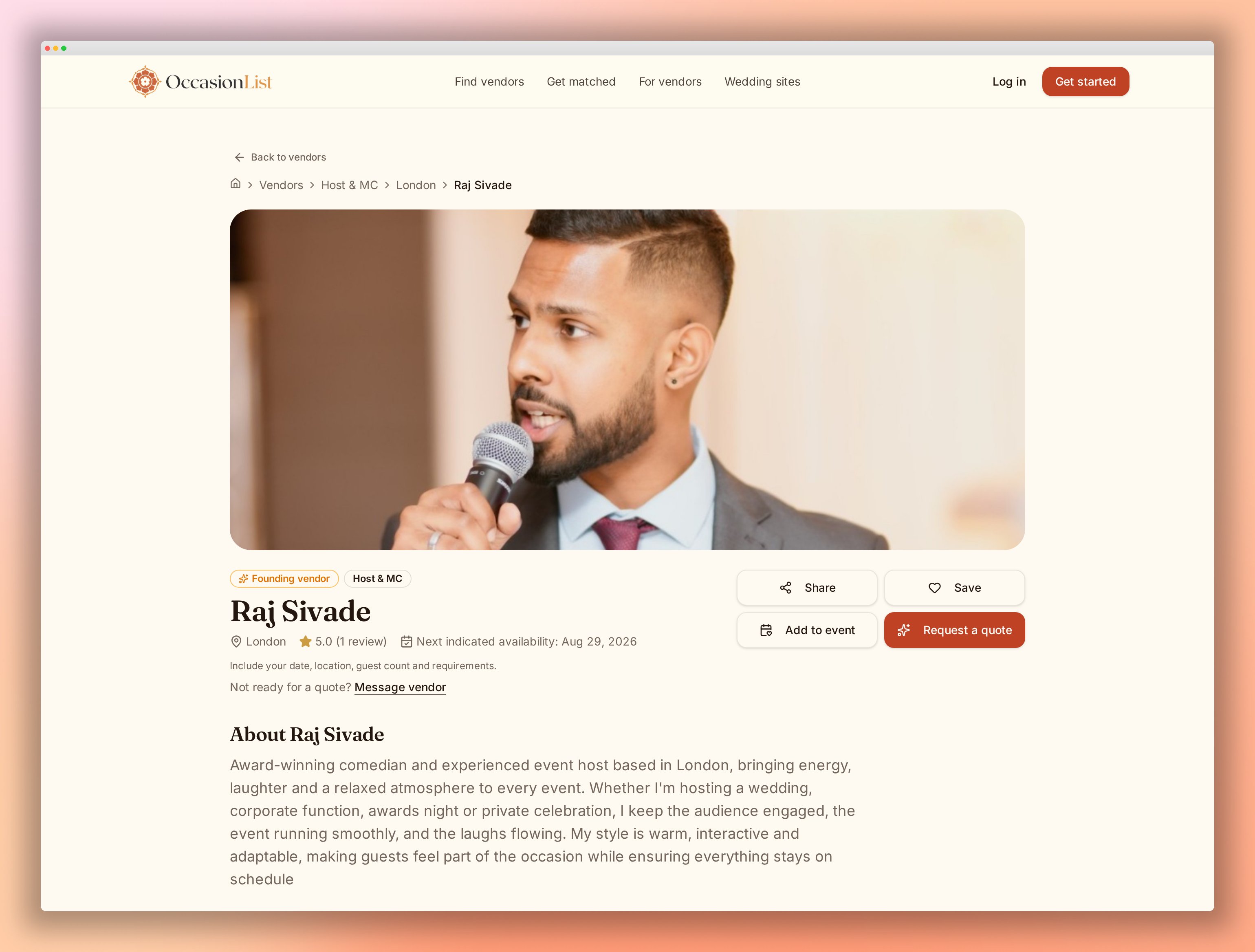 A public vendor profile on OccasionList with cover photo, reviews and a Request a quote button