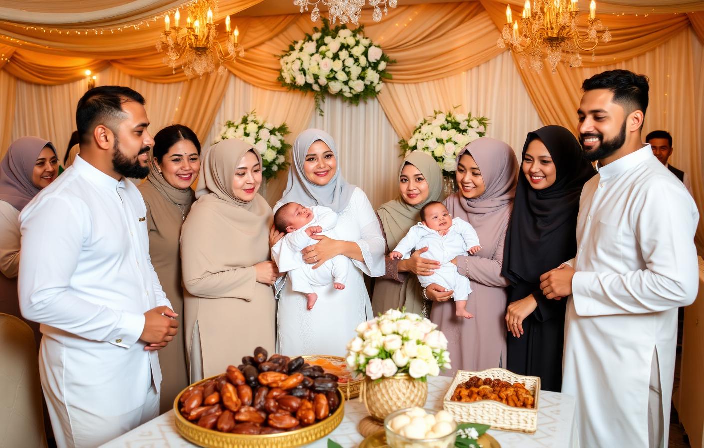 Warm and joyful Muslim Aqiqah celebration with family, decorated venue, and traditional food